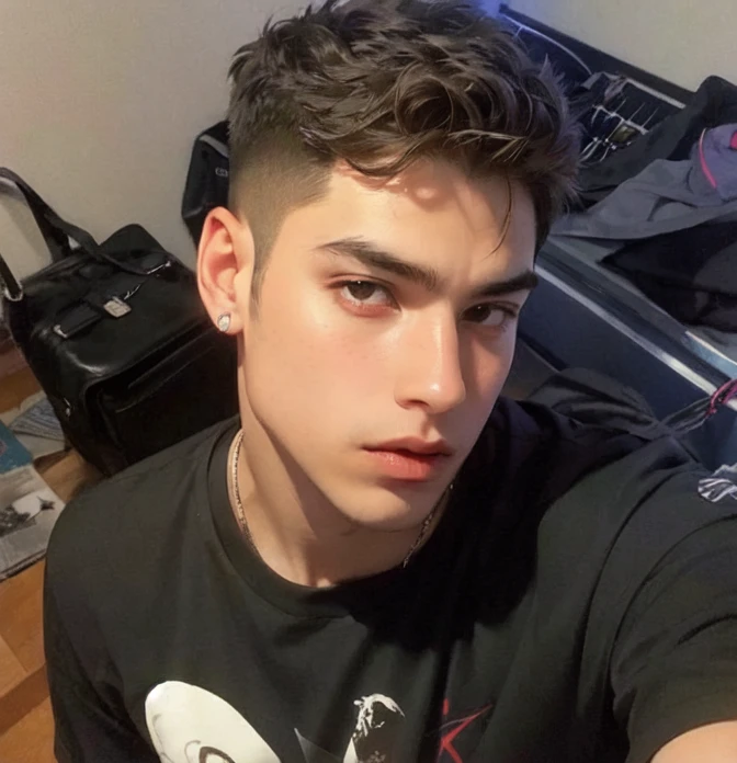 hombre arafed con una camisa negra y una camisa negra, 18 years, around 19 years, contraction serpentine / jugador ludwig, , foto de perfil en la cabeza, inspirado por Ion Andreescu, taken in the early 2020s, 21 years, 22 years, pelo corto en la parte superior de su cabeza