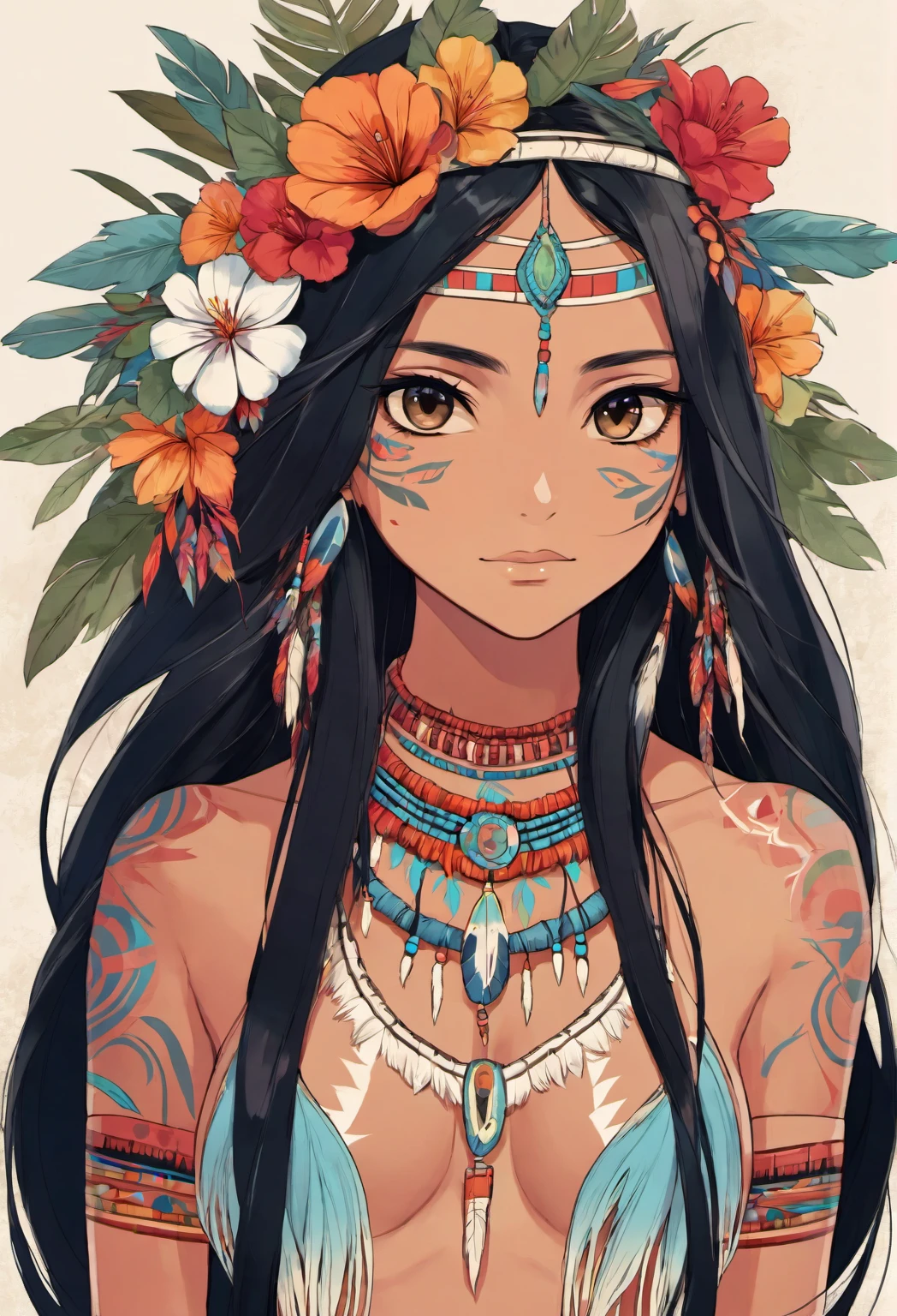 indigenous woman, delicate and feminine body, slightly muscular, long black hair decorated with flowers, scars on the body, simple indigenous clothing decorated with floral colors, dark eyes, tanned skin