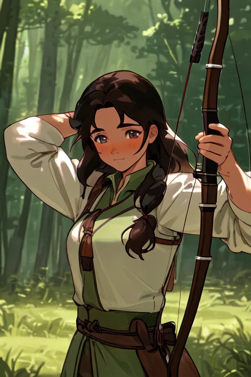 "(best quality, ultra detailed), dark haired archer, beautiful detailed eyes, precise archery skills, shy and confident, adventurer's clothing, forest background, soft natural lighting, vibrant colors"
