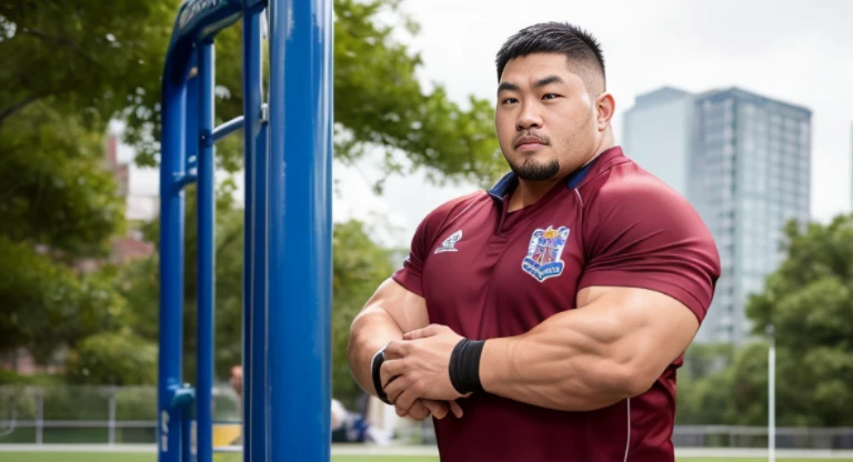 (rugby uniform:1.4), (at playground:1.4), Japanese man, Chinese man, Korean man, Taiwanese man, manly face, fat face, (round face:1.4), (monolid eyes:1.2), (buzz cut:1.4), very large and strong body, bulky body, beefy muscles, (bulging muscles:1.4), (very large pectoral muscles:1.4), (muscular arms:1.4), muscular abs, muscular legs, muscular back, brightens oily skin, master piece, (realistic:1.4), panorama, distant view