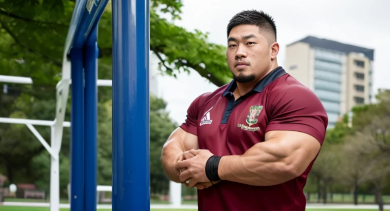 (rugby uniform:1.4), (at playground:1.4), Japanese man, Chinese man, Korean man, Taiwanese man, manly face, fat face, (round face:1.4), (monolid eyes:1.2), (buzz cut:1.4), very large and strong body, bulky body, beefy muscles, (bulging muscles:1.4), (very large pectoral muscles:1.4), (muscular arms:1.4), muscular abs, muscular legs, muscular back, brightens oily skin, master piece, (realistic:1.4), panorama, distant view