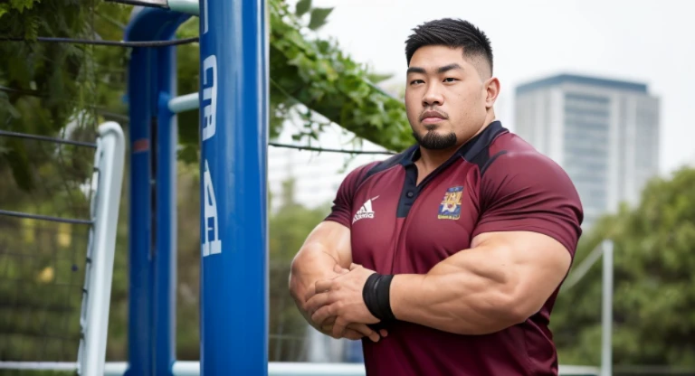 (rugby uniform:1.4), (at playground:1.4), Japanese man, Chinese man, Korean man, Taiwanese man, manly face, fat face, (round face:1.4), (monolid eyes:1.2), (buzz cut:1.4), very large and strong body, bulky body, beefy muscles, (bulging muscles:1.4), (very large pectoral muscles:1.4), (muscular arms:1.4), muscular abs, muscular legs, muscular back, brightens oily skin, master piece, (realistic:1.4), panorama, distant view