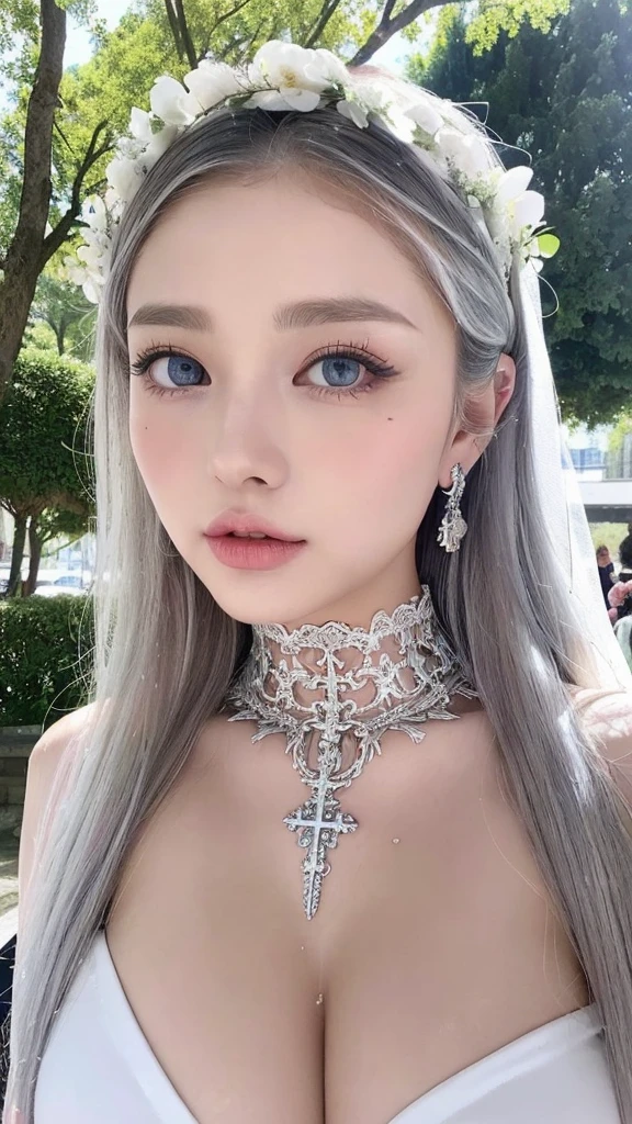 1 miniature Beautiful beautiful woman - Yuan Sayuki, ((top quality, 8K, Masterpiece:1.retty woman, 1 woman, huge breasts:1.3, a slim body:1.1, lush white short hair, (shower, wet body, wet clothes:1.1), very detailed face, detailed lips, detailed eyes, double eyelids, Detailed blue eyes, чрезвычайно Detailed Outstanding Blue Eyes, short white wet hair, white wet hair, Detailed Outstanding Blue Eyes, innocent look at the viewer, very wet wavy white hair, Detailed Outstanding Blue Eyes, huge cross earrings, Outdoors, badges behind, gothic wedding uniform, sexy gothic style wedding dress with veil, bare chest, huge chest tattoo wearing a wreath, detailed huge catholic cross earrings, chest tattoo, Outside - there are trees and a buddhist temple in the background, wear a silver cross (Detailed cross shape), reality mode, wet breasts, black necklace, black wedding dress and black veil, human crowd behind, head/forehead chain veil, black latex gloves, naked breasts, naked breasts, naked nipples, hair of white snowy colour, night time, red neon lights, demonic nun, nimbus (golden lighting ring above her head), angel