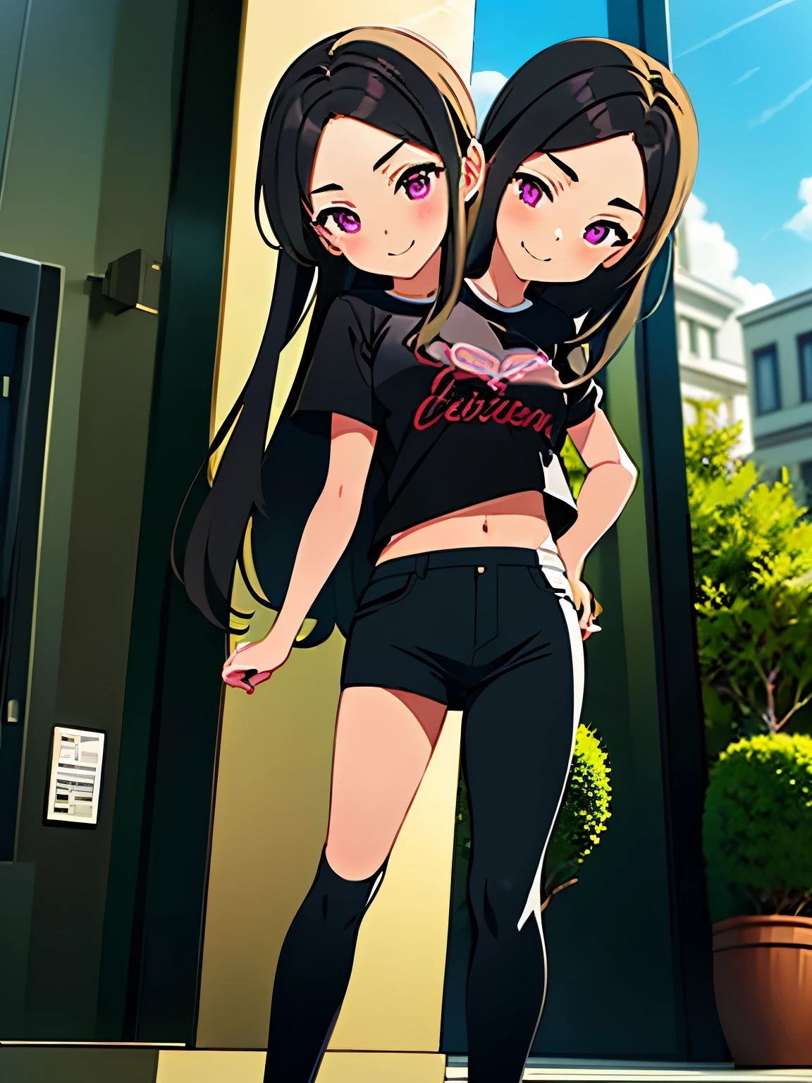 (masterpiece),(ultra-detailed), (high quality), (high resolution), (best quality:1.5, highres, UHD), highres, absurdo, ultra detail, ultra quality, ((2heads:1.5)), 1girl, Ultra resolution, 16k, best quality, 1girl, ((blonde hair:1.5)), ((black hair:1.5)), long hair, violet eyes, black t shirt, ((5 foot girl)), teenage girl, midriff.((black pants), pink skirt pants, gentle smile, blushing, figure