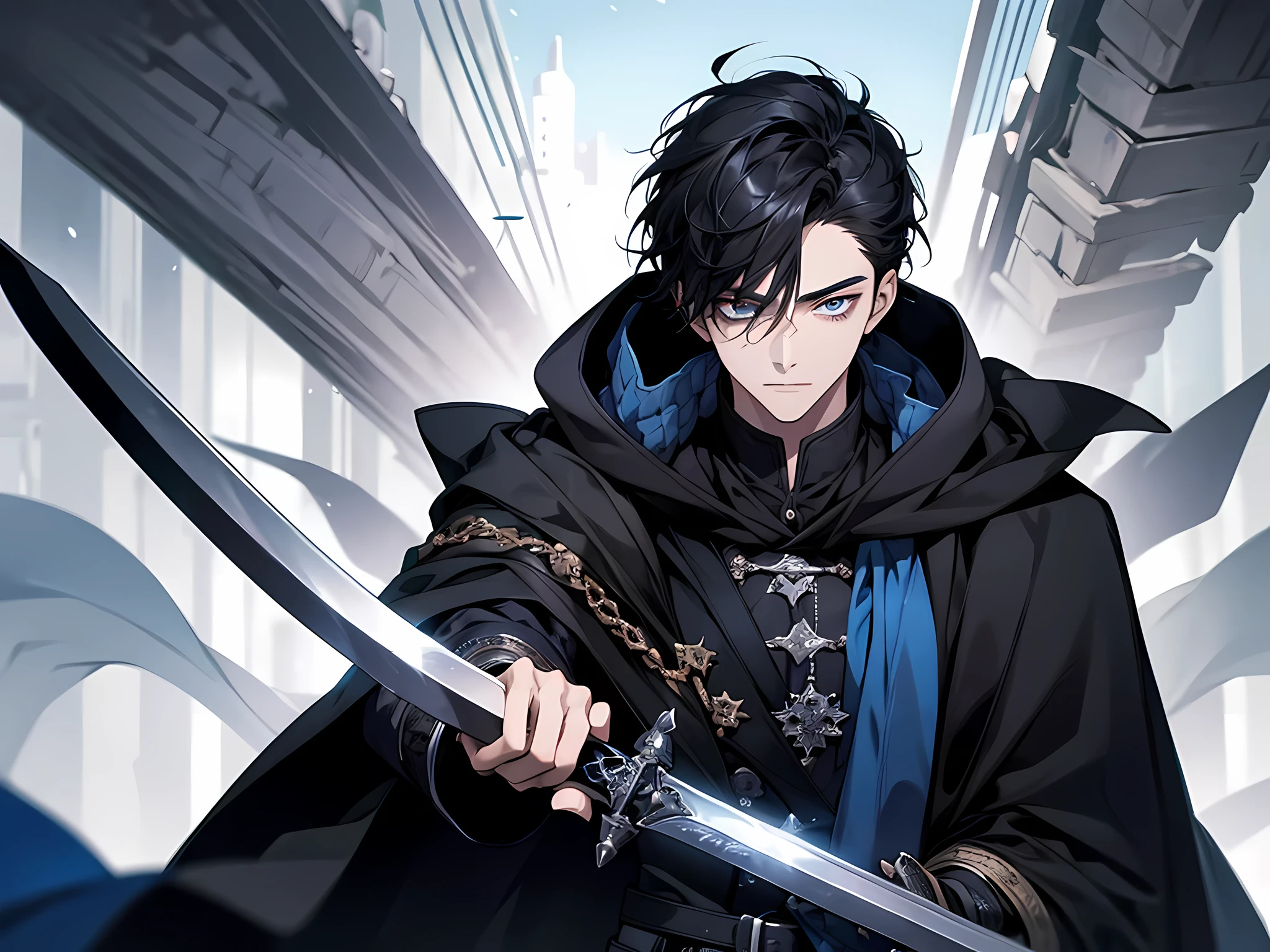 A young man with black hair and different eyes,Dressed in black,Draped in a white cloak with blue details,Holding A black sword in his hand,