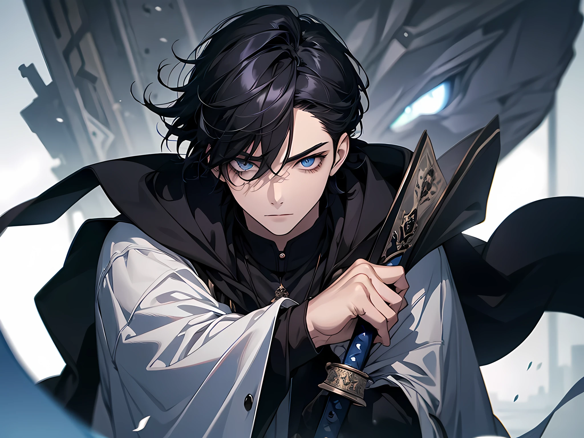 A young man with black hair and different eyes，Dressed in black，Draped in a white cloak with blue details，Holding A black sword in his hand，