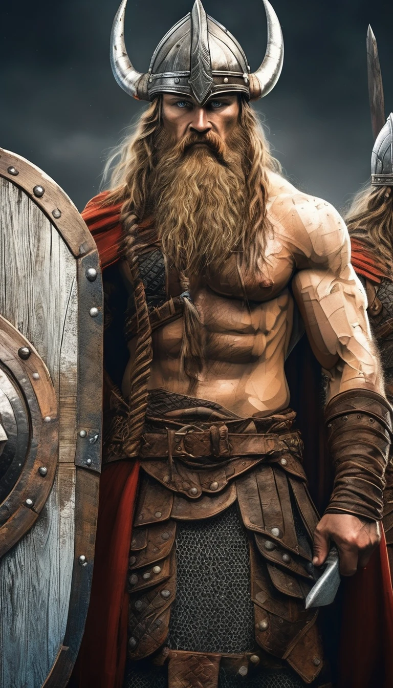 Arafed man in armor standing in front of a line of soldiers, VIQUINGUES, Cultura Viking, guerreiro Viking, Guerreiro Viking antigo, an epic viking battle scene, viking and templar aesthetics, estilo Viking, norse warrior, armadura Viking, epic viking king, traje Viking, wearing norse armor, armadura Viking detalhada, Viking, Rei Viking, usando roupas VIQUINGUES, [ cinemactic, naked, crowd cheering for them , detailed face, detailed face expressions, natural face expressions, face in detail, asymmetrical faced,(tall and slender body), fair and smooth skin, detailed hands, detailed fingers, masterpiece, cinematic lighting, physically based rendering, lens flare, award winning rendering, perfect rendering detail, 8K, realism, detailed background, everything in detail, cinematic shot, dynamic lighting, 75mm, Technicolor, Panavision, cinemascope, fine details, 8k, HDR, realism, realistic, key visual, film still, superb cinematic color grading, depth of field, ,midjourney,