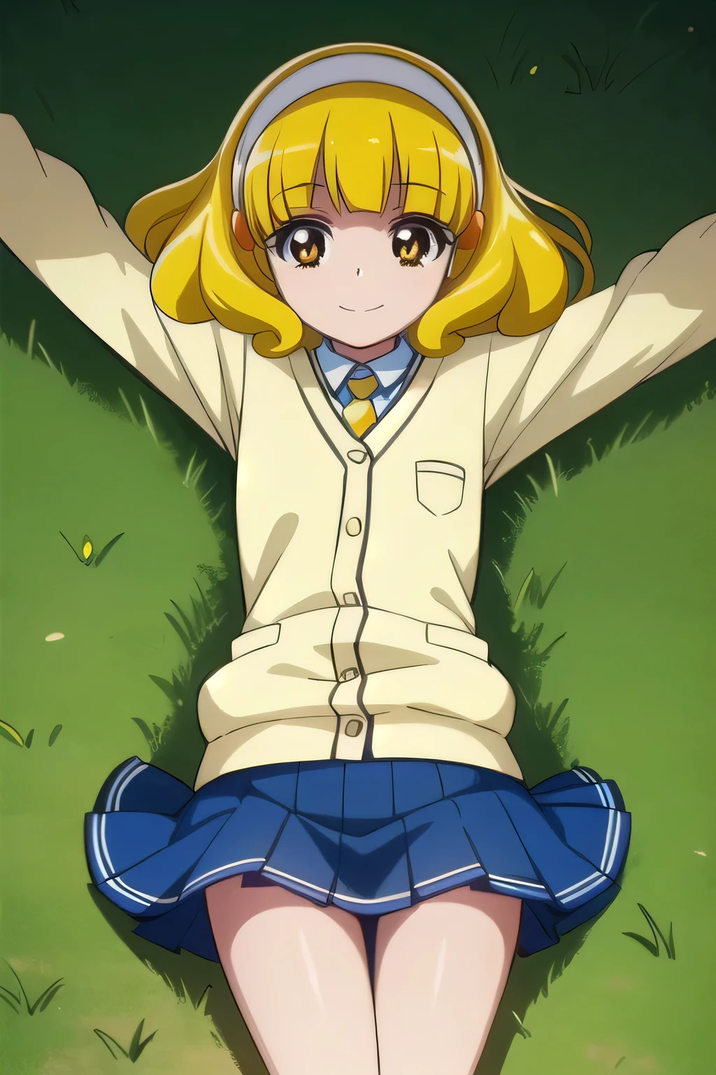 yayoikise, yayoi kise, short hair, blonde hair, (yellow eyes:1.3), hairband, white hairband, smile,
BREAK skirt, , socks, cardigan, nanairogaoka middle , yellow cardigan, pleated skirt, blue skirt,
smile, solo, spread arms, smile, lying, on back, on grass, arms up, looking at viewer, solo, in the center, cowboy shot, high quality, dynamic pose,
BREAK (masterpiece:1.2), best quality, high resolution, unity 8k wallpaper, (illustration:0.8), (beautiful detailed eyes:1.6), extremely detailed face, perfect lighting, extremely detailed CG, (perfect hands, perfect anatomy),