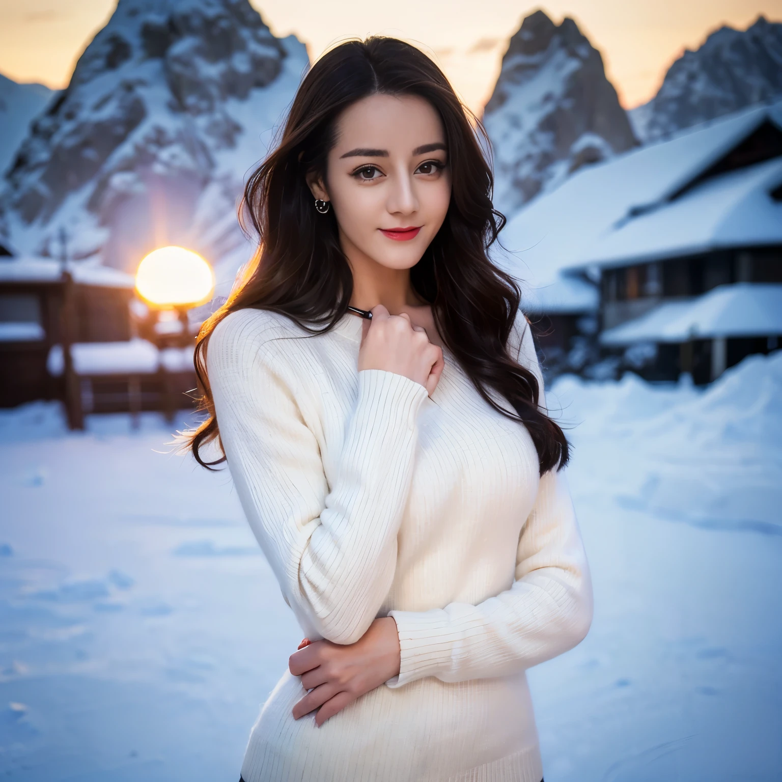 ((top quality、8k、Masterpiece:1.3))、Extremely delicate and beautiful girl,full-body shot,huge breasts,bigger breasts,amazing breast size,G cup,Half of the breasts are exposed。Wear big earrings,Very white skin,moist red lips,Waist is very thin,Thighs are very thin,big butt,fair and smooth skin,Smooth and fair skin,flawless skin,Fair and shiny skin,cold white skin,The camera focuses on the chest,Bright light,white sweater,Lower body exposed,white hair,White hair,heavy snow,snow mountain,sunset,lake,sweet smile,mouth slightly open
