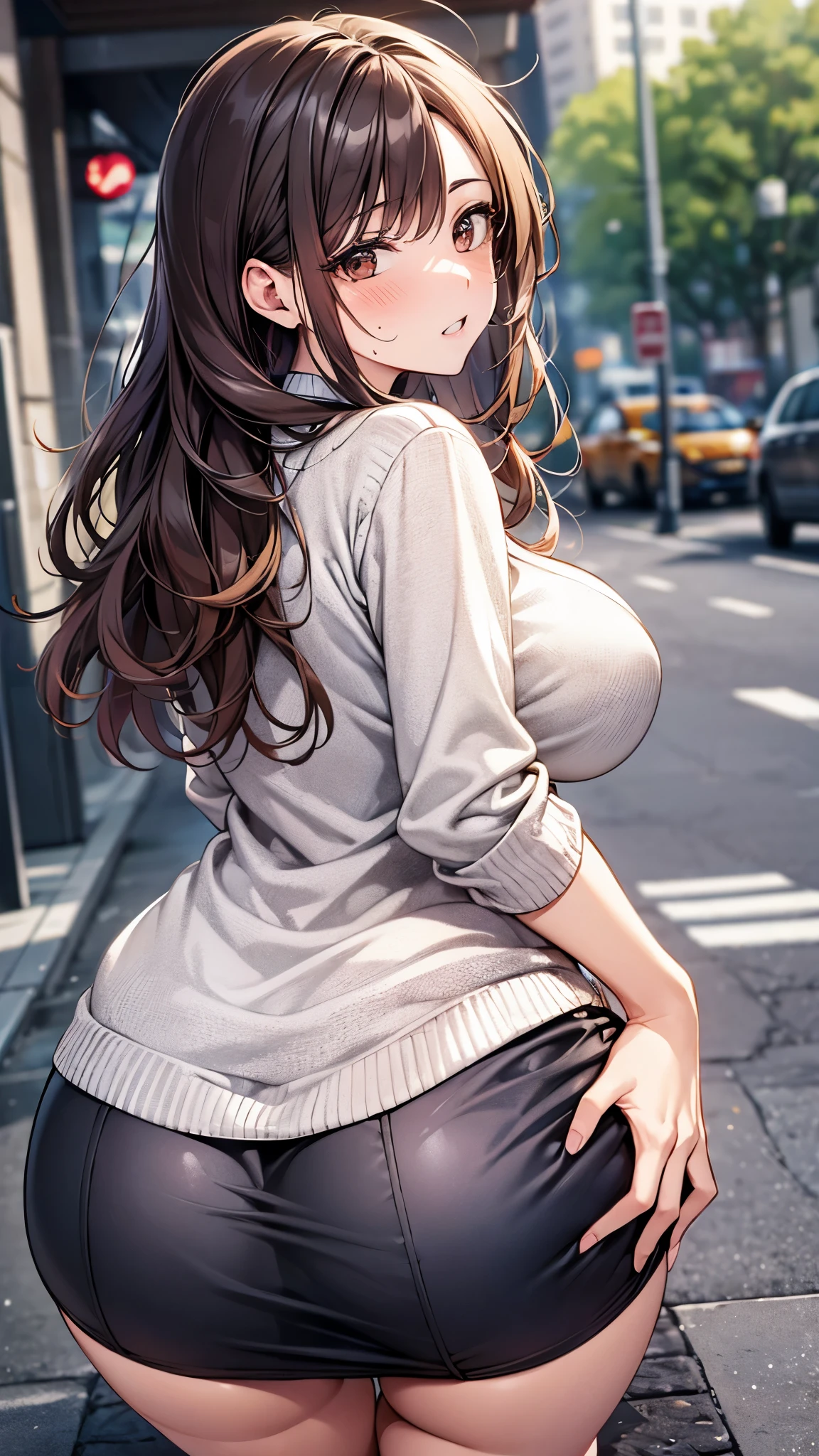 1 female, mature woman, brown eyes, shiny skin、long brown hair, I'm wearing a white sweater, big breasts, mature, center view, High resolution, super sharp, 8K, masterpiece、cafe terrace、Shopping、sweating、Clench your teeth、(((shot from behind、look back)))、slouch、((buttをアピール))、butt、butt、blue skirt、squat、crawl on all fours