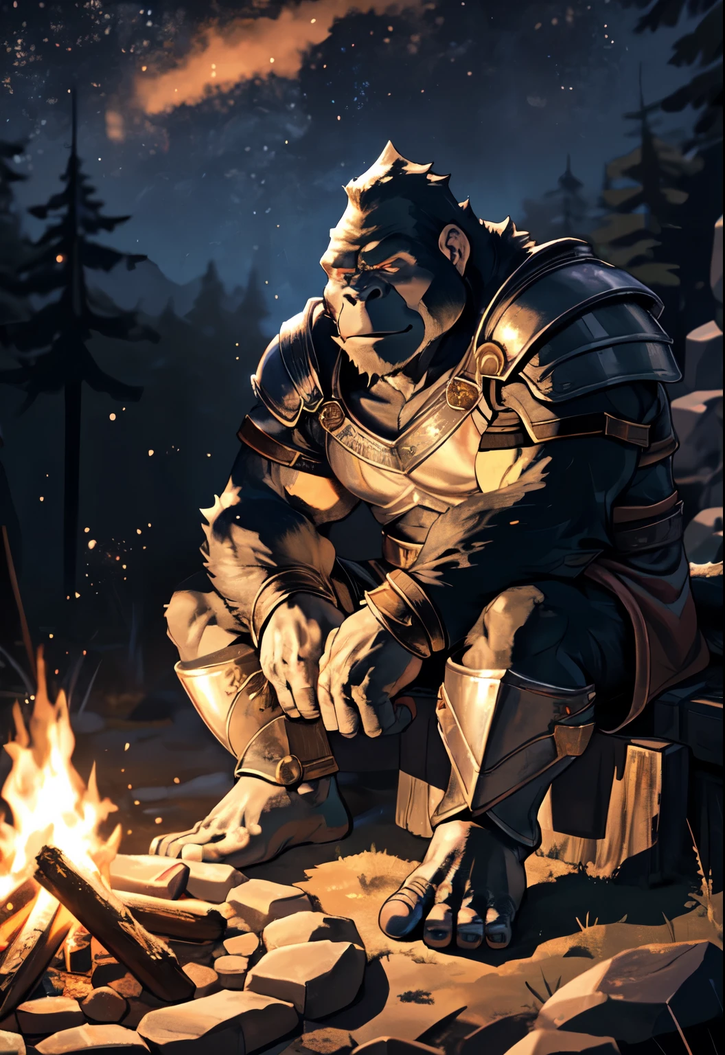solo, kemono, (gorilla), anthro, male, ((black body)), scales, tail, muscles, handsome, armor, medieval, fantasy, outdoors, outside, dark, night, forest, campfire, camp, stars, sitting, toe claws, epic, depth of field, perfect lighting, (light particles),(best quality),(masterpiece),(ultra detailed),sharp focus,light particles