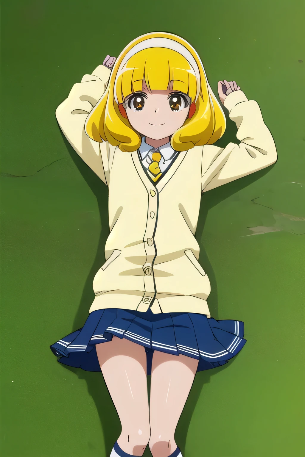 yayoikise, yayoi kise, short hair, blonde hair, (yellow eyes:1.3), hairband, white hairband, smile,
BREAK skirt, , socks, cardigan, nanairogaoka middle , yellow cardigan, pleated skirt, blue skirt,
smile, solo, spread arms, smile, lying, on back, on grass, arms up, looking at viewer, solo, in the center, cowboy shot, high quality, dynamic pose,
BREAK (masterpiece:1.2), best quality, high resolution, unity 8k wallpaper, (illustration:0.8), (beautiful detailed eyes:1.6), extremely detailed face, perfect lighting, extremely detailed CG, (perfect hands, perfect anatomy),