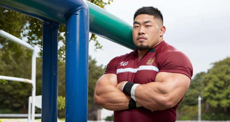 (rugby uniform:1.4), (at playground:1.4), Japanese man, Chinese man, Korean man, Taiwanese man, manly face, fat face, (round face:1.4), (monolid eyes:1.2), (buzz cut:1.4), very large and strong body, bulky body, beefy muscles, (bulging muscles:1.4), (very large pectoral muscles:1.4), (muscular arms:1.4), muscular abs, muscular legs, muscular back, brightens oily skin, master piece, (realistic:1.4), panorama, distant view