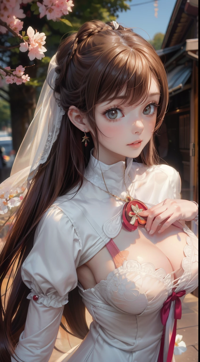 1 girl,(highly detailed skin),bent,,beautiful胸,big breasts,pale skin,pointed chest,erect nipples,(fantasy art,best image quality,surrealist portrait,(8K),Super realistic,最high quality, high quality, High resolution, high quality texture,high detail,beautiful,get used to it,Very detailed CG,get used to itテクスチャー,realistic expression,masterpiece,sense of presence,dynamic,bold),,(super thin hair),(super soft hair),(ultra straight hair:1.5),long flowing bangs,extra light coppery amber hair,hair above one eye、whole body、sweaty, pale skin、smile、show off your cleavage、perfect proportions、perfect beauty、young woman、temporary、kind、sexy look、trance expression、cumming face、facing forward、Viewers are watching、seduce the viewer、cherry blossoms、I、bride、big 、big breasts、Breasts protruding from bra、show off your chest、Two-dimensional beautiful girl、tied hair、up hairstyle、wearing a wedding dress、white dress