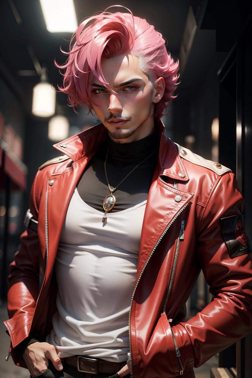 Personaje masculino con cabello rosado ligeramente puntiagudo y muy corto, destellos de luces rojos desde los ojos. Tiene una chaqueta azul con detalles en blanco