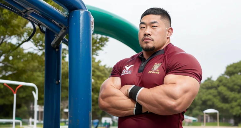 (rugby uniform:1.4), (at playground:1.4), Japanese man, Chinese man, Korean man, Taiwanese man, manly face, fat face, (round face:1.4), (monolid eyes:1.2), (buzz cut:1.4), very large and strong body, bulky body, beefy muscles, (bulging muscles:1.4), (very large pectoral muscles:1.4), (muscular arms:1.4), muscular abs, muscular legs, muscular back, brightens oily skin, master piece, (realistic:1.4), panorama, distant view