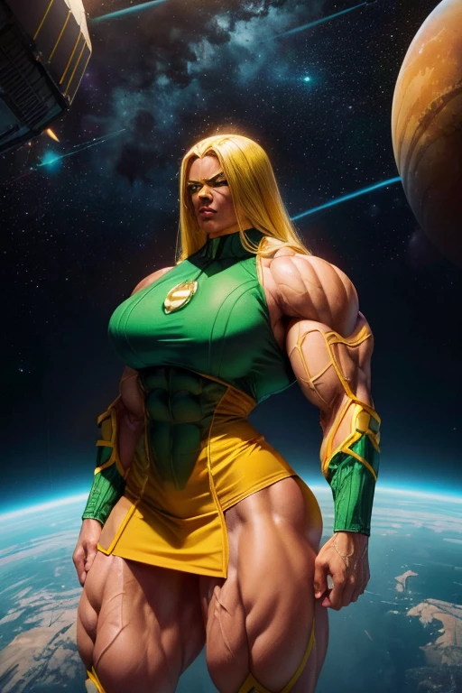 ((((Massive, tall, beautiful, buff, brown skinned muscular woman with yellow hair, glowing eyes, slight makeup, ginormous bulky muscles, flying in space and wearing an all yellow Green lantern suit with miniskirt)))), vascular body, ((massive muscle)), massive biceps, hyper muscle triceps, (flowing long hair), gray eyes, thigh high hero boots, smirking, flying in space, mars at night, hyper muscles arms, hyper muscle legs, (ginormous arms).