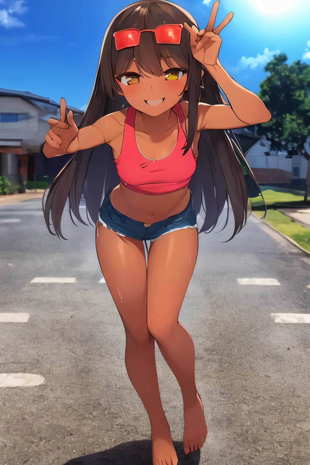 2D,highest quality,(masterpiece),(full body),brown hair,medium long hair,1 girl,A lively ,young,small ears,(healthy dark skin,tanned skin),((denim hot pants)),Tank top,barefoot,(Sole),attractive thighs,butt,(red ribbon on head ),Outside、Clear skies,A smile that makes you want to protect,(Drenched in sweat),upper grade,cheeks are bright red,The sun is dazzling、standing pose、peace sign,winking