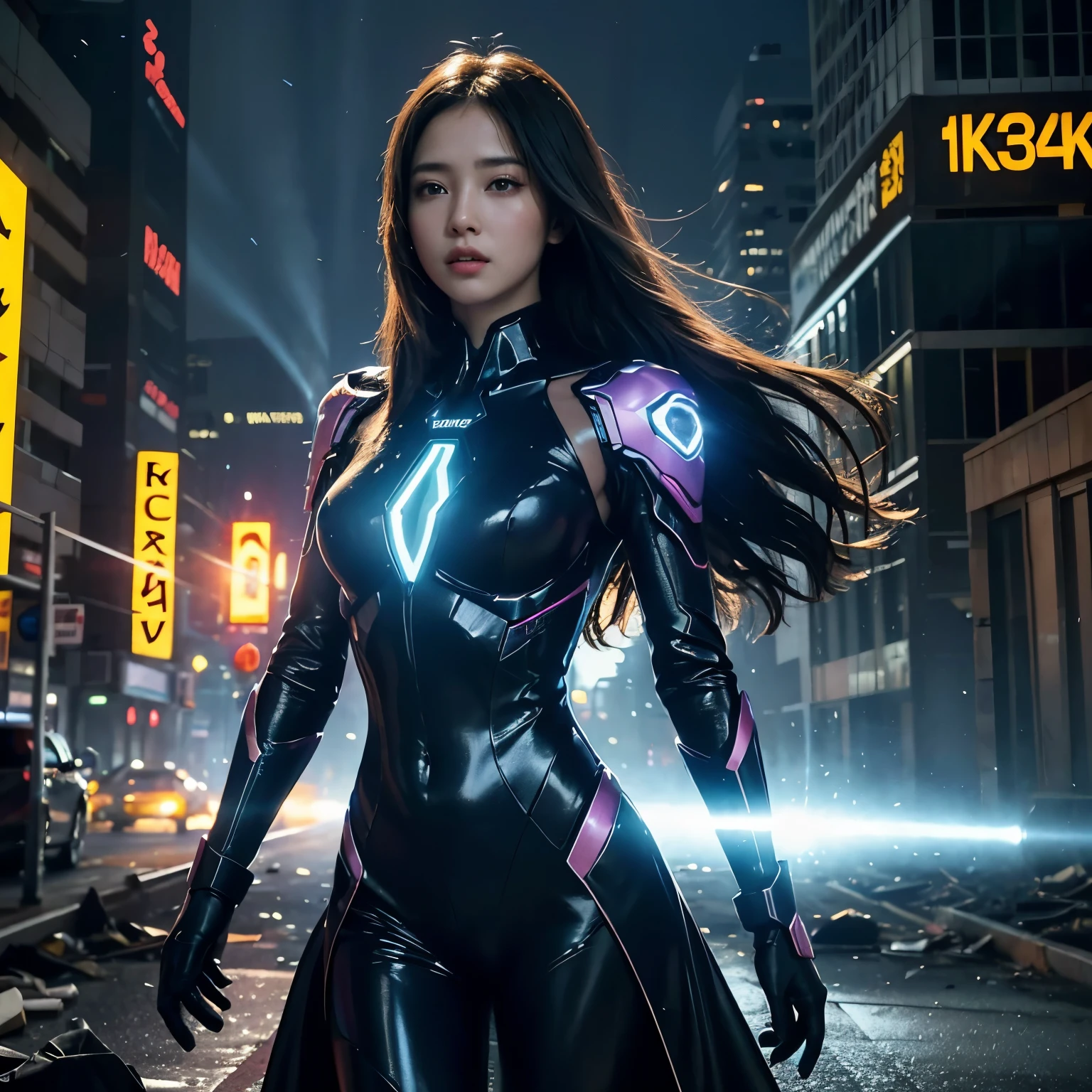 (highest quality、4k、8k、High resolution、master piece: 1.2)、Super detailed、(real、photorealistic、photorealistic: 1.37)、Destruction of a Great City、A telekinetic woman stands in front of a jellyfish robot controlled by an invader 、Women are young and beautiful、18-year-old、unparalleled beauty、Insert mental barriers to resist robot attacks、vibrant cityscape、Bright colors、Shining skyscrapers、busy street、Futuristic architecture and technology、Advanced holographic display、Neon light splashes 、dramatic lighting、intense shadow、Awe-inspiring power that exudes from women、Determination in His Eyes、An elegant flowing gown、Dynamic action in the wind、Reach out and rush towards the robot.、A powerful energy emanates from the hands、Blue glowing aura、sparks of electricity、electricity crackling in the air、A vortex of energy surrounding a woman、A fascinating and surreal atmosphere、A sense of danger and impending destruction、Background chaos and destruction、Crumbling buildings、flying debris、Smoke and flames、 The contrast between beauty and destruction、The war between technology and the extraordinary power of young women。
