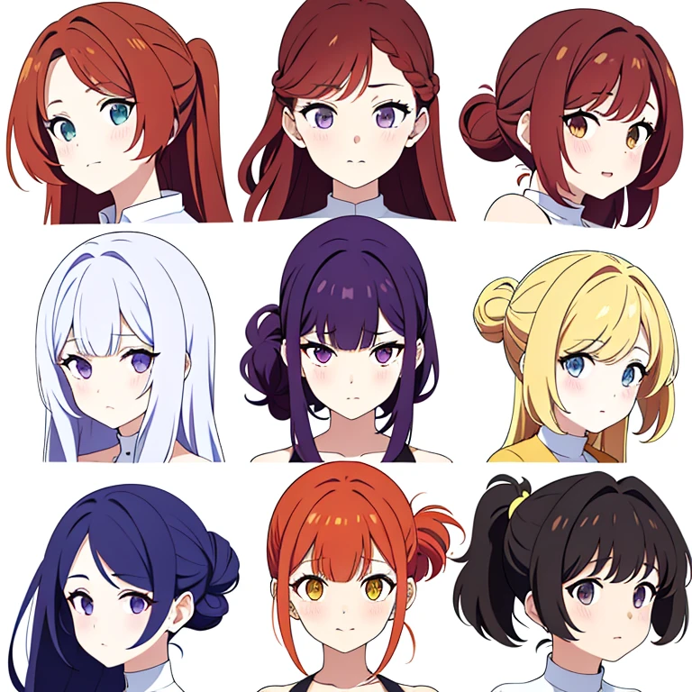 9 girls, white background,  different characters, multiple views, (Close up heads, portrait, mugshot), bra, bare shoulders, bikini, different hair colors, different hair styles, 
twin-tail hair style, 
pony-tail hair, wavy 
long hair, 
braid, 
parted bangs, 
high ponytail, 
low ponytail, 
big hair, cornrows, 
hair bun, 
hair rings, 
half updo hairstyle, 
diagonal bangs, 
two side up hair, 
flipped hair, 
blunt bangs, 

warm-toned hair colors, 
cool-toned hair colors, 
brown hair color, 
red hair color, 
yellow hair color, 
white hair color, 
purple hair color, 
blue hair color,