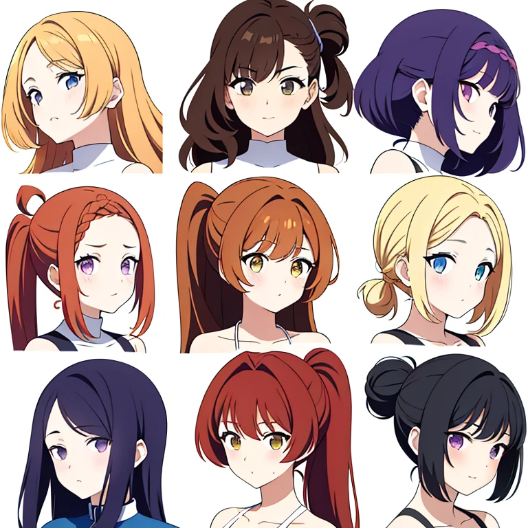 9 girls, white background, different characters, multiple views, (Close up heads, portrait, mugshot), bra, bare shoulders, bikini, different hair colors, different hair styles,
twin-tail hair style,
pony-tail hair, wavy
long hair,
braid,
parted bangs,
high ponytail,
low ponytail,
big hair, cornrows,
hair bun,
hair rings,
half updo hairstyle,
diagonal bangs,
two side up hair,
flipped hair,
blunt bangs,
warm-toned hair colors,
cool-toned hair colors,
brown hair color,
red hair color,
yellow hair color,
white hair color,
purple hair color,
blue hair color,