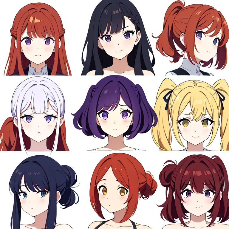 9 girls, white background,  different characters, multiple views, (Close up heads, portrait, mugshot), bra, bare shoulders, bikini, different hair colors, different hair styles, 
twin-tail hair style, 
pony-tail hair, wavy 
long hair, 
braid, 
parted bangs, 
high ponytail, 
low ponytail, 
big hair, cornrows, 
hair bun, 
hair rings, 
half updo hairstyle, 
diagonal bangs, 
two side up hair, 
flipped hair, 
blunt bangs, 

warm-toned hair colors, 
cool-toned hair colors, 
brown hair color, 
red hair color, 
yellow hair color, 
white hair color, 
purple hair color, 
blue hair color,
