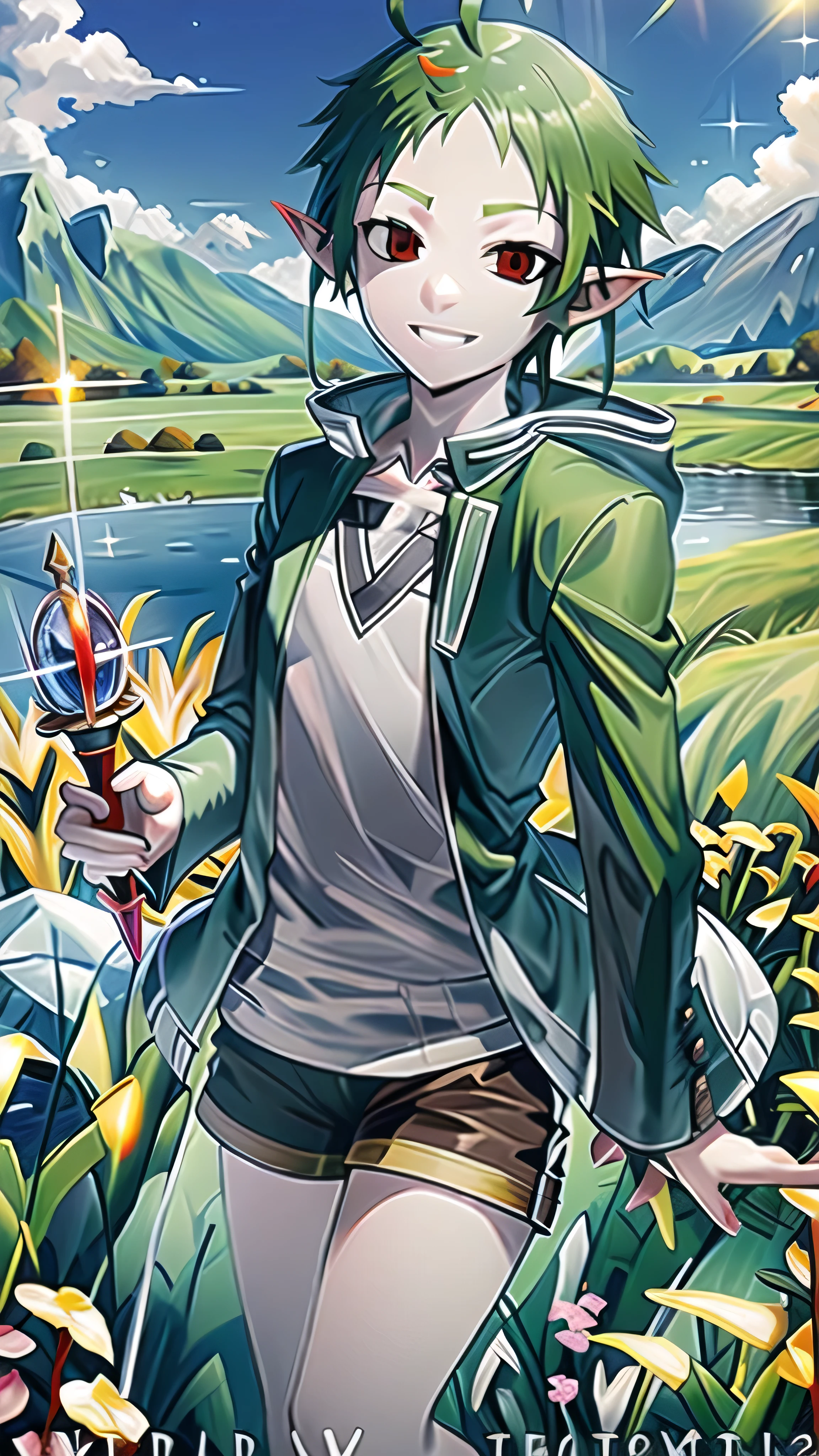 best quality, HDR, sylphiette, ahoge, elf, forehead, green hair, pointy ears, (red eyes:1.5), short eyebrows, short hair, jacket, shirt, shorts, white jacket, holding a magic wand with a red gem, smiling, looking at viewer, green grassland scenery, water sparkles all around