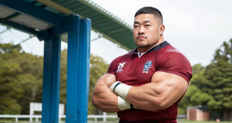 (rugby uniform:1.4), (at rugby ground:1.4), Japanese man, Chinese man, Korean man, Taiwanese man, manly face, fat face, (round face:1.4), (monolid eyes:1.2), (buzz cut:1.4), very large and strong body, bulky body, beefy muscles, (bulging muscles:1.4), (very large pectoral muscles:1.4), (muscular arms:1.4), muscular abs, muscular legs, muscular back, brightens oily skin, master piece, (realistic:1.4), panorama, distant view