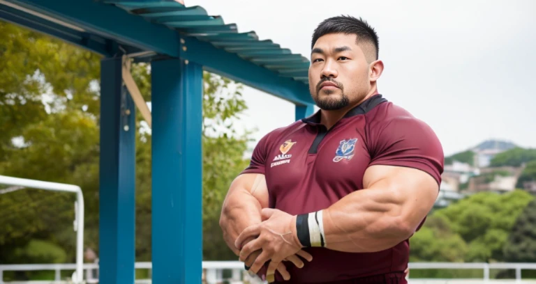 (rugby uniform:1.4), (at rugby ground:1.4), Japanese man, Chinese man, Korean man, Taiwanese man, manly face, fat face, (round face:1.4), (monolid eyes:1.2), (buzz cut:1.4), very large and strong body, bulky body, beefy muscles, (bulging muscles:1.4), (very large pectoral muscles:1.4), (muscular arms:1.4), muscular abs, muscular legs, muscular back, brightens oily skin, master piece, (realistic:1.4), panorama, distant view