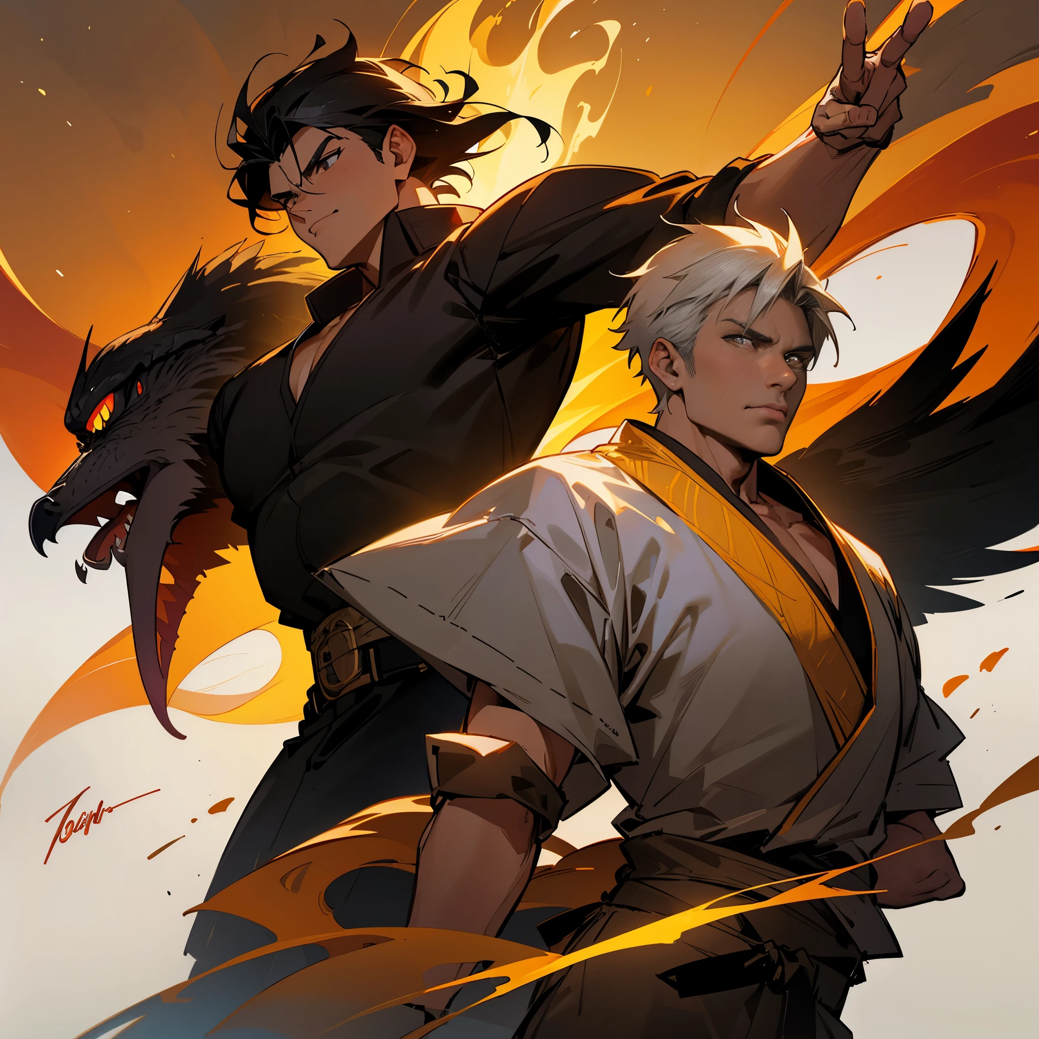 Quiero una imagen con un fondo negro con fuego, a golden cobra on the left side with the name “cobra Kai” , and on the right side a bonsai and on it an eagle with fangs that says “eagle Miyagi karate” and on the left side put John Kreese and on the right Daniel Larusso and Johnny Lawrence with Robby Keene, Miguel Diaz, Hawk y Sama Larusso
