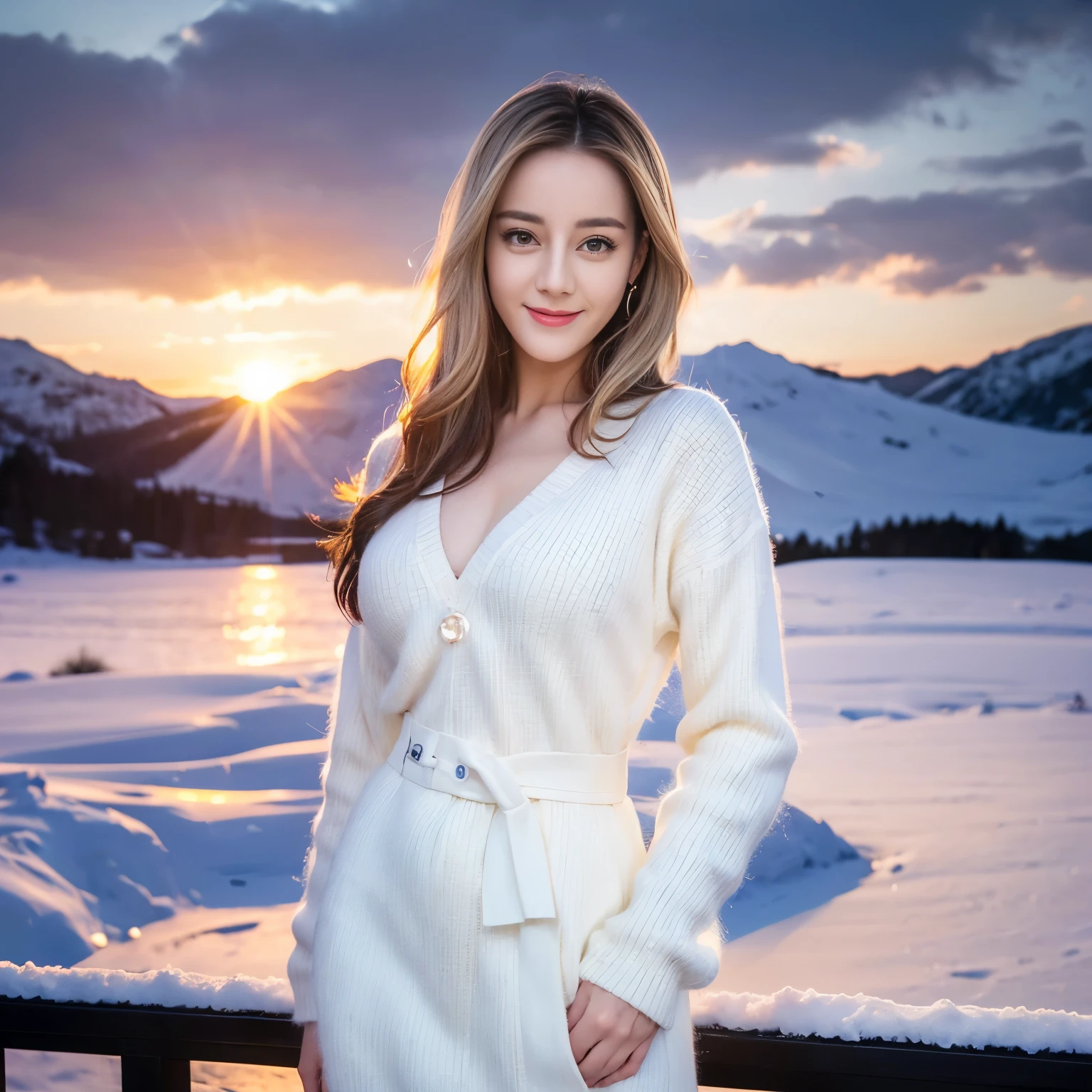 ((top quality、8k、Masterpiece:1.3))、Extremely delicate and beautiful girl,full-body shot,huge breasts,bigger breasts,amazing breast size,G cup,Half of the breasts are exposed。Wear big earrings,Very white skin,moist red lips,Waist is very thin,Thighs are very thin,big butt,fair and smooth skin,Smooth and fair skin,flawless skin,Fair and shiny skin,cold white skin,The camera focuses on the chest,Bright light,white sweater,Lower body exposed,white hair,White hair,heavy snow,snow mountain,sunset,lake,sweet smile,mouth slightly open