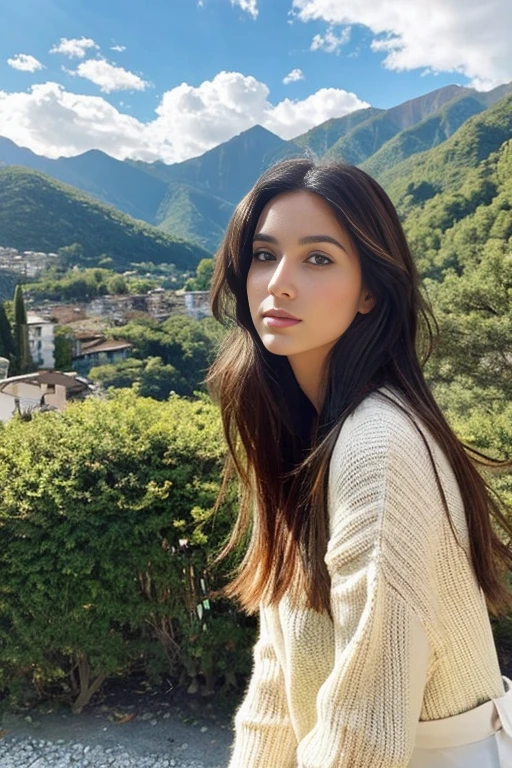 1 chica en, edad27, Solo, Cabello Medio,Cabello ondulado con degradados.、 teta grande, mirando al espectador, long light brown hair, desordenado y ventoso, hombros descubiertos, cuerpo completo, un collar, fuera de los hombros, White sweater, hiperrealista, un sexy, hojas de colores, mountains on background々.