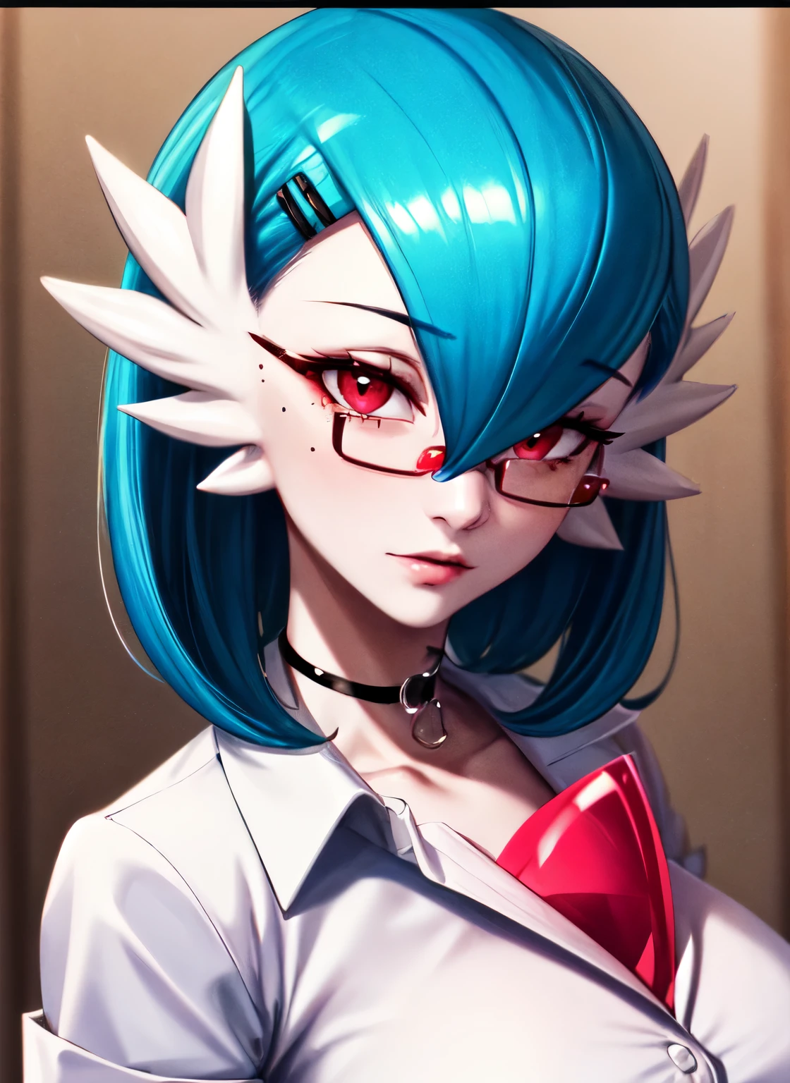 ((best quality)), ((highly detailed)), masterpiece, absurdres, (detailed eyes, deep eyes), (1girl), SaltyXodium, dr.voir, gardevoir, creatures (company), game freak, nintendo, pokemon, alternate color, bangs, blue hair, blue skin, breasts, choker, collar, colored skin, glasses, hair between eyes, hair ornament, hairclip, labcoat, large breasts, mole, mole under eye, multicolored skin, pokemon \(creature\), red-framed eyewear, red eyes, semi-rimless eyewear, shiny pokemon, shiny skin, shirt, short hair, short sleeves, tareme, two-tone skin, white shirt, white skin, sfw