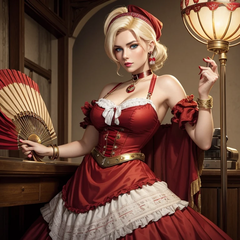 30 year old woman with vintage hairstyle wearing red and white Steampunk dress with a feathered bandana holding a red fan with golden touches platinum blonde hair color gold bracelet choker with rubies blue eyes 