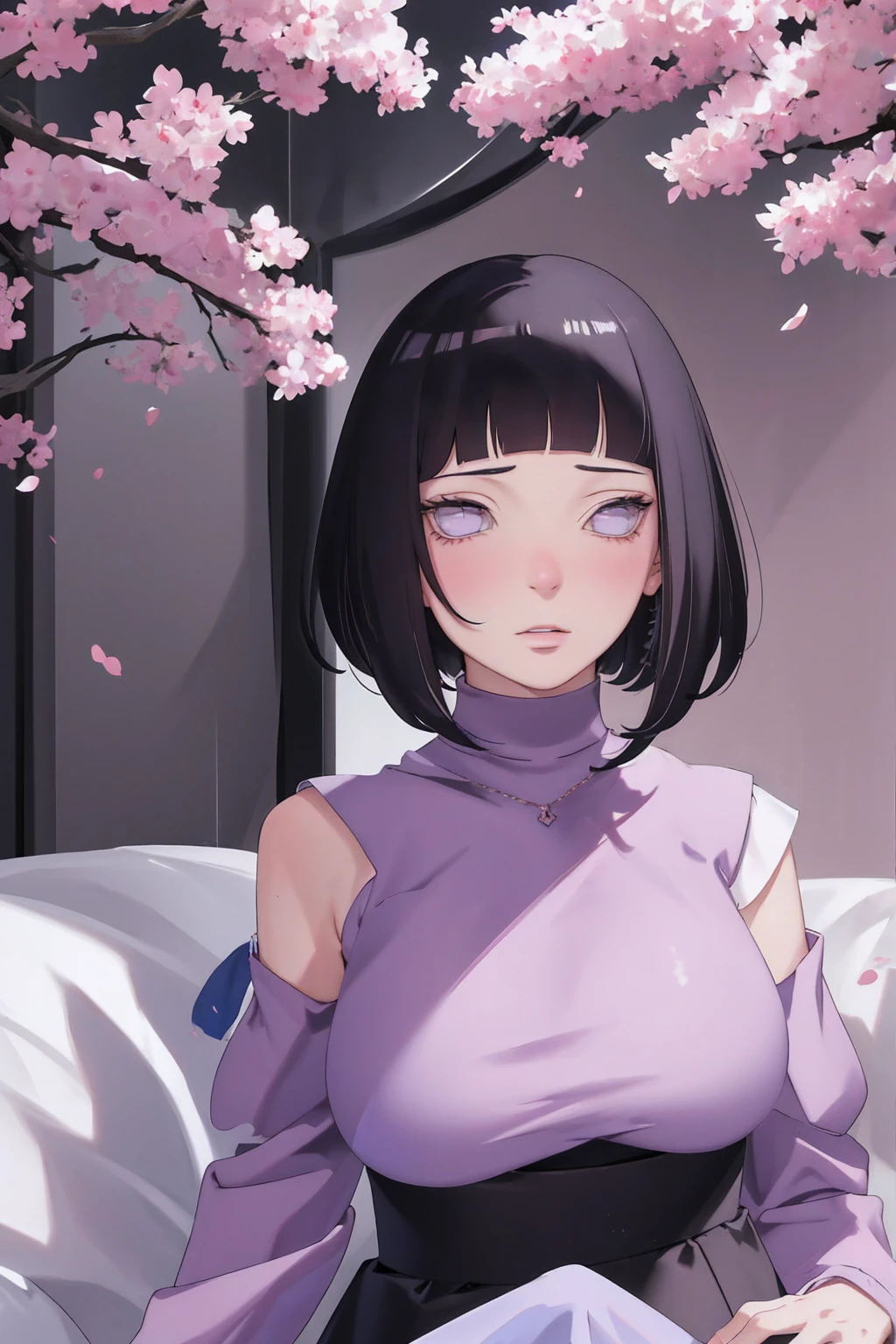 { - anatomy error} (Masterpiece - Ultra-detailed, very high resolution) (huge titusty, masterpiece, absurdres, hinata\(boruto\), 1girl, solo,mature female, off-shoulder bra, high waist black short skirt, looking at viewelling petals), perfect composition, detailed lips, big breast, beautiful face, body propotion, blush, (pink lips), short hair, (black hair), purple eyes, soft gaze, super realistic, detailed, photoshoot, realistic face and body, closed mouth, sitting on the bed , lilac eyes, full body, lace clothes, with chin resting on shoulder, perfect fingers