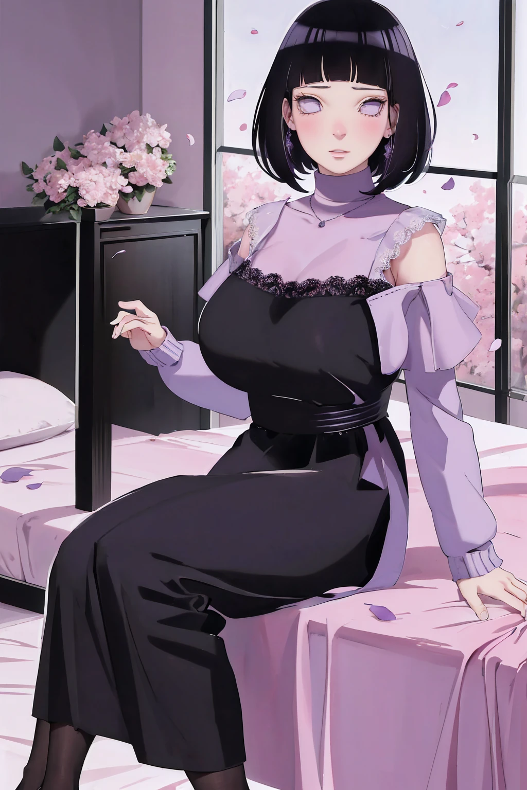 { - anatomy error} (Masterpiece - Ultra-detailed, very high resolution) (huge titusty, masterpiece, absurdres, hinata\(boruto\), 1girl, solo,mature female, off-shoulder bra, high waist black short skirt, looking at viewelling petals), perfect composition, detailed lips, big breast, beautiful face, body propotion, blush, (pink lips), short hair, (black hair), purple eyes, soft gaze, super realistic, detailed, photoshoot, realistic face and body, closed mouth, sitting on the bed , lilac eyes, full body, lace clothes, with chin resting on shoulder, perfect fingers