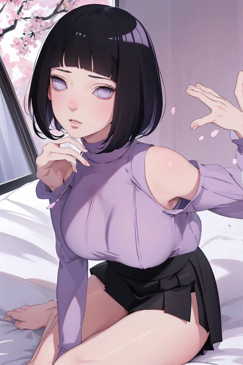 { - anatomy error} (Masterpiece - Ultra-detailed, very high resolution) (huge titusty, masterpiece, absurdres, hinata\(boruto\), 1girl, solo,mature female, off-shoulder bra, high waist black short skirt, looking at viewelling petals), perfect composition, detailed lips, big breast, beautiful face, body propotion, blush, (pink lips), short hair, (black hair), purple eyes, soft gaze, super realistic, detailed, photoshoot, realistic face and body, closed mouth, sitting on the bed , lilac eyes, full body, lace clothes, with chin resting on shoulder, perfect fingers