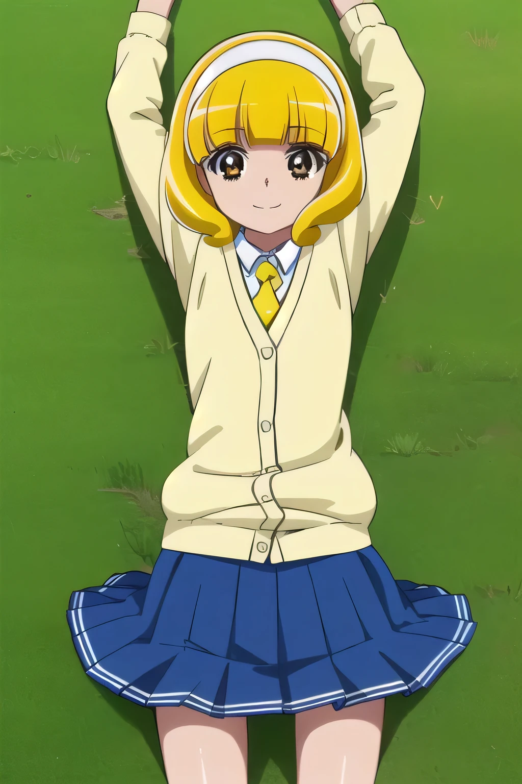Kasugano Urara, blonde hair, twintails, pink scrunchie, brown eyes, high quality, solo, lying, on back, arms up, spread arms, closed mouth, on grass, (cowboy shot:1.5), looking at viewer, smile, best quality,