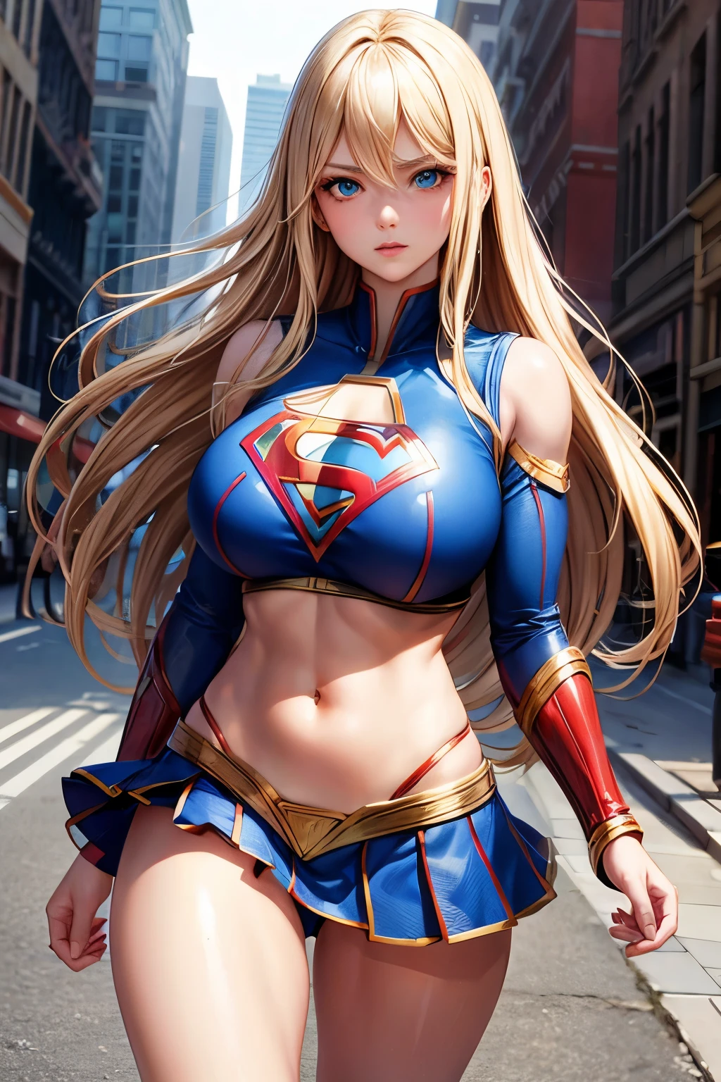 before and after photo, Supergirl walking down the street normal toned physique, then Supergirl turns into a dumb blonde bimbo looking Supergirl with huge breasts and very long thick wavy platinum blonde hair and thick pouty lips,