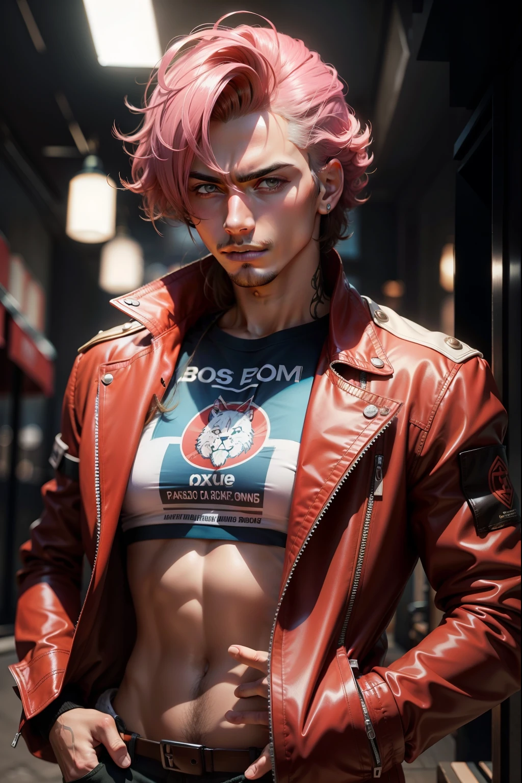 I want a photo of an emotion from the movie amusingly dick , a big muscular boy with a huge nose with bright pink hair in a coat and with a pink shame ball 