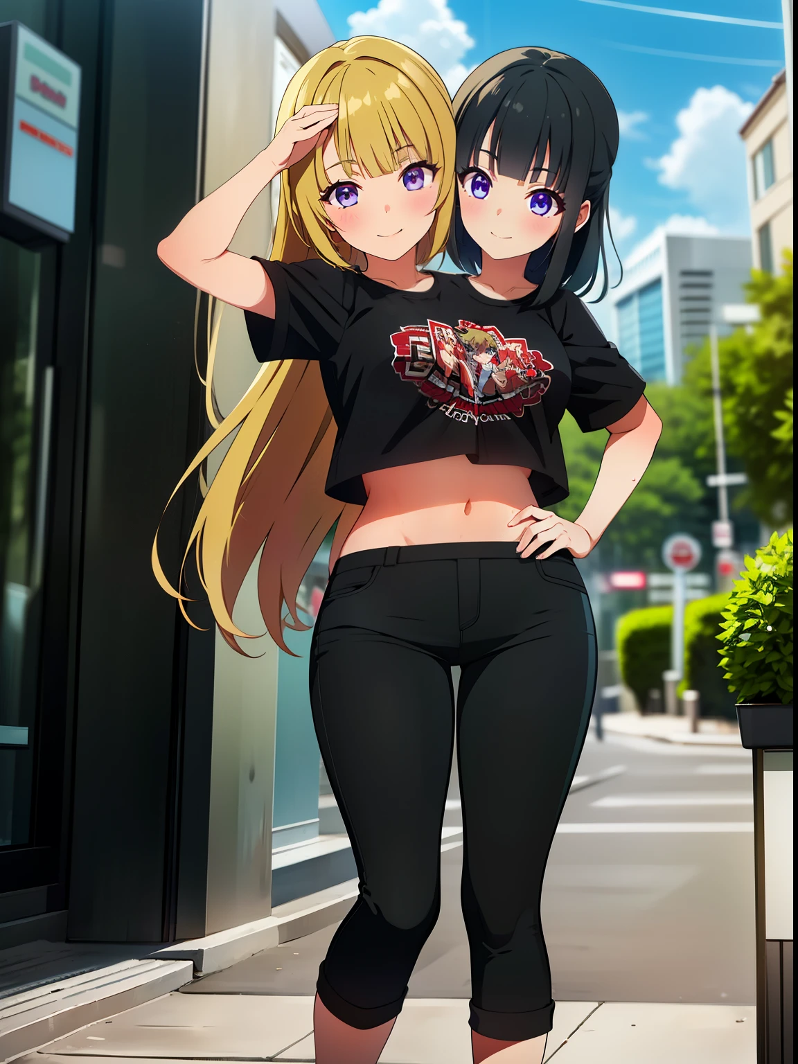 (masterpiece),(ultra-detailed), (high quality), (high resolution), (best quality:1.5, highres, UHD), highres, absurdo, ultra detail, ultra quality, ((2heads:1.5)), 1girl, Ultra resolution, 16k, best quality, 1girl, (blonde hair), (black hair), long hair, violet eyes, black t shirt, ((5 foot girl)), teenage girl, midriff, (black pants), pink skirt pants, gentle smile, blushing, ((detailed eyes))