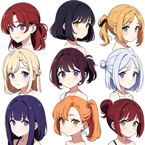 9 girls, white background, different characters, multiple views, (Close up heads, portrait, mugshot), bra, bare shoulders, bikini, different hair colors, different hair styles,
twin-tail hair style,
pony-tail hair, wavy
long hair,
braid,
parted bangs,
high ponytail,
low ponytail,
big hair, cornrows,
hair bun,
hair rings,
half updo hairstyle,
diagonal bangs,
two side up hair,
flipped hair,
blunt bangs,
warm-toned hair colors,
cool-toned hair colors,
brown hair color,
red hair color,
yellow hair color,
white hair color,
purple hair color,
blue hair color,