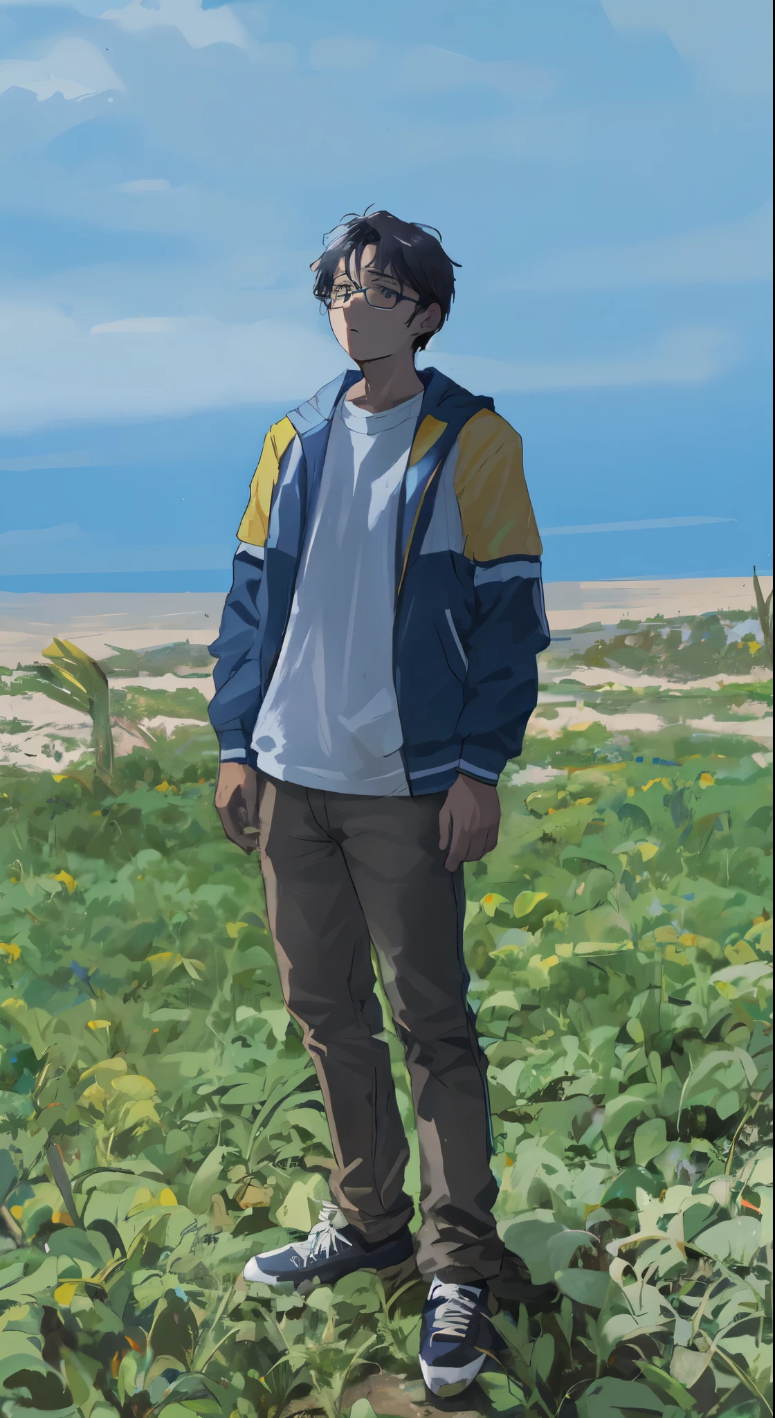 muted pastel colors, retro anime, 1990s anime, 1980s anime, brush strokes, masterpiece, best quality, 1boy, solo, black eyes, glasses, blue and yellow jacket, closed mouth, medium hair, simple background