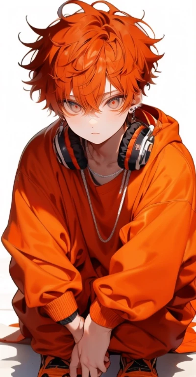 orange hair afro,orange eyes,1 A smiling boy,wearing headphones around the neck,Crouching down and smiling at the listener, plain white background, Orange hoodie, Orange pants