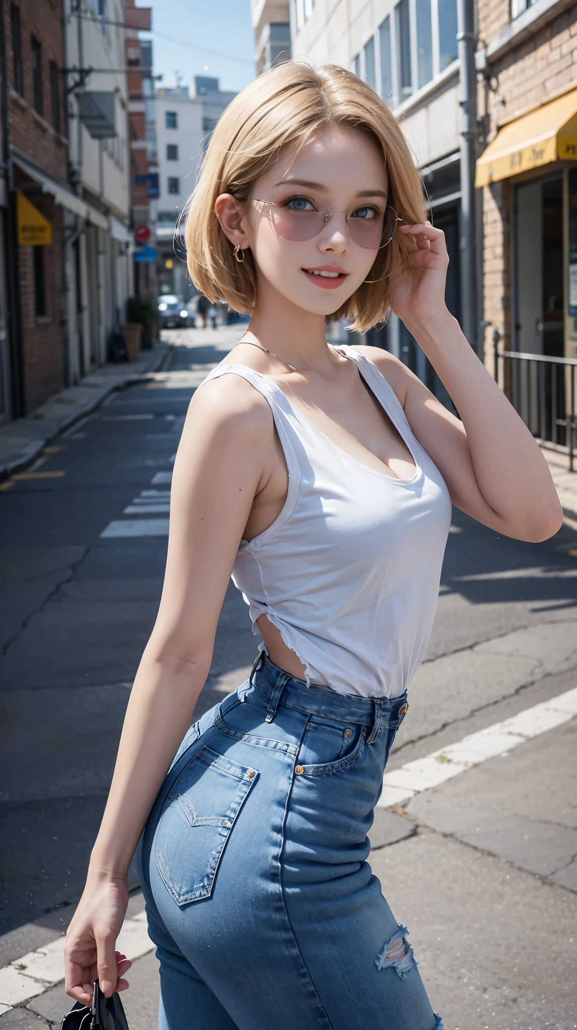 8k,Highest quality, High resolution, AND18, One Girl, Android 18, alone, Blonde, blue eyes, short hair, Earrings, jewelry, Black Pantyhose,  Jeans Skirt, Blue Skirt, Large Breasts, street, (External dilated chest: 1.2)　Energy is released from the body　(Blue white light effect),Highest qualityのフォトリアリスティックRAW写真。Backlight、Cinema Lighting、Film Grain、50mm lens、Nikon D850、Realistic Skin、Fantasy art、Character Art、超High resolution、muscular and slim body、超Realistic Skin、Super Muscular Beauty,smile,Dynamic karate pose with clenched fists,Showing cleavage,Upper body close-up,