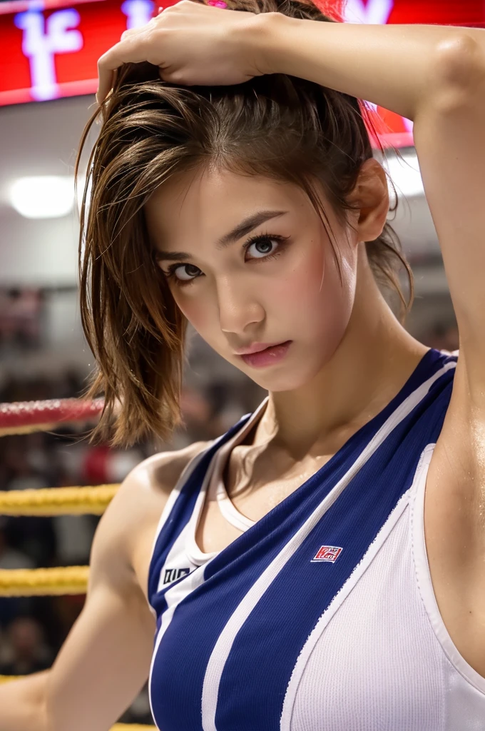 ((Top Quality, 8K, Masterpiece: 1.3)), Sharp: 1.2, Perfect Body Beauty: 1.4, Slim Abs: 1.2, ((Layered Hairstyle, Big: 1.2)), Wet: 1.5, Highly Detailed Face and Skin Texture, Detailed Eyes, Double Eyelids, Brown Hair, Fighting, Bullish, Muscle, Sweat, (Pro Wrestling: 1.3), Full Body Projection, Fighting Pose, Portrait photo of hot woman wearing college wrestling singlet, rope