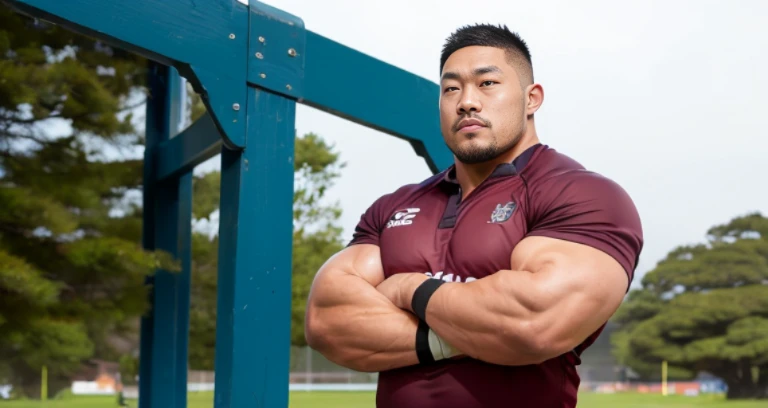 (rugby uniform:1.4), (at rugby ground:1.4), Japanese man, Chinese man, Korean man, Taiwanese man, manly face, fat face, (round face:1.4), (monolid eyes:1.2), (buzz cut:1.4), very large and strong body, bulky body, beefy muscles, (bulging muscles:1.4), (very large pectoral muscles:1.4), (muscular arms:1.4), muscular abs, muscular legs, muscular back, brightens oily skin, master piece, (realistic:1.4), panorama, distant view