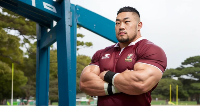 (rugby uniform:1.4), (at rugby ground:1.4), Japanese man, Chinese man, Korean man, Taiwanese man, manly face, fat face, (round face:1.4), (monolid eyes:1.2), (buzz cut:1.4), very large and strong body, bulky body, beefy muscles, (bulging muscles:1.4), (very large pectoral muscles:1.4), (muscular arms:1.4), muscular abs, muscular legs, muscular back, brightens oily skin, master piece, (realistic:1.4), panorama, distant view
