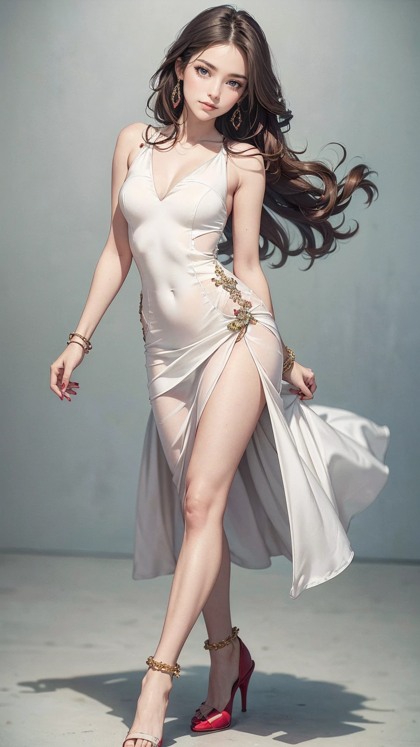 ((最high quality, 8K, masterpiece: 1.3, Ultra HD, high quality, 最high quality, High resolution, realism)) 、22-year-old Caucasian female、Hair color is reddish、hair is wavy、Eye color: blue、long hair、slender、smile、slenderだが均整の取れた細マッチョな身体、Wearing accessories on your wrist、put anklet on ankle、Wearing red nail polish、I have a peticure、bodycon dress((body conscious dress))wear、wearing stiletto heels、smile、Pastel green background、sexy pose、smile