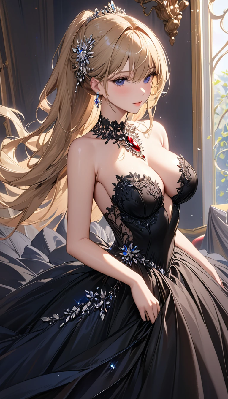 masterpiece:1.4,best-quality,Super Detail,Very Delicate and Beautiful, (((nsfw, beautiful girlfriend, black ball gown with jewel, gorgeous, elegant, noble))), gigantic tits, slender, blonde hair